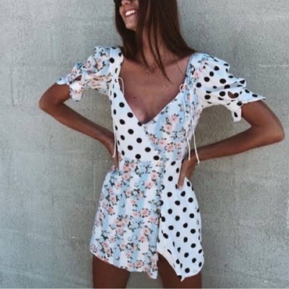 For Love And Lemons Floral and Polka Dot Wrap Dress